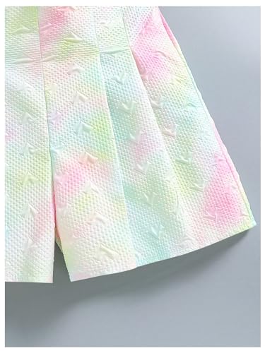 Image of MakeMeChic Girl's 2 Piece Outfit Tie Dye Bow Puff Sleeve V Neck Crop Tops and Pleated Shorts Set