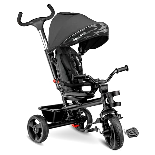 LIONELO Haari 2in1 Dreirad mit Schubstange ab 18 Monate bis 25kg, Vorwärts und Rückwärtsfahrt, schlauchlose Gummireifen, Freilauf geräumiger, Korb, Tasche, Getränkehalter