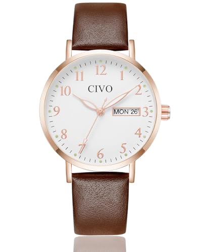 CIVO Reloj Mujer Cuero Marrón: Elegante Reloj de Pulsera Analógicos Día y Fecha Impermeable - Relojes Señora Casual de Vestir Agujas Numeros - Moda Regalo para Mujer