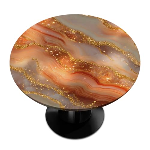 Pardick Round Fitted Tablecloth with Elastic Edge Orange Gold Stone Marble Round Table Cover Wipeable Circle Table Cloths for Outdoor Party Patio Kitchen Holiday Decor Size 48 Fit for 45"-50" Table