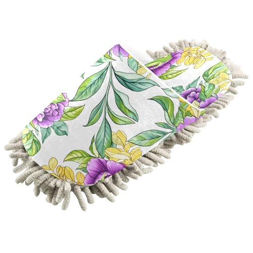 Kigai Purple Peonies Mop Slippers for Floor Cleaning, Slippers for Women Men, Microfiber Floor Cleaning, M