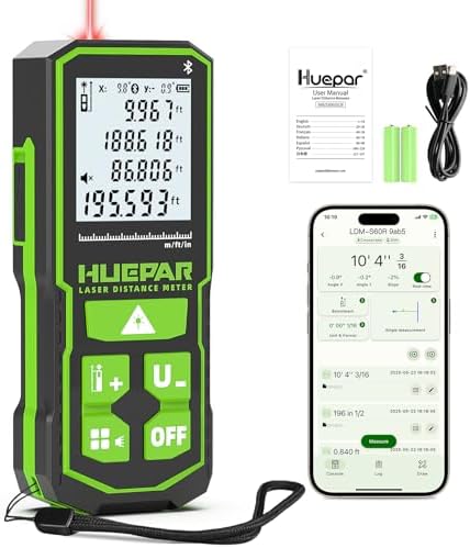 Huepar Laser Distance Measure 200Ft. Digital Rechargeable Laser Measuring Tool with Bluetooth -Phone APP, 1/16in Accuracy, Angle Sensor, M/in/Ft Unit, Pythagorean Mode, Measure Distance, Area, Volume