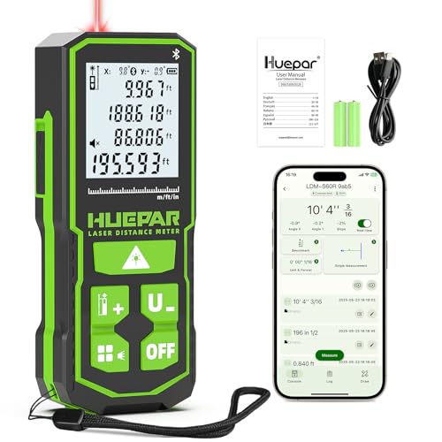 Huepar Laser Distance Measure 200Ft. Digital Rechargeable Laser Measuring Tool with Bluetooth -Phone APP, 1/16in Accuracy, Angle Sensor, M/in/Ft Unit, Pythagorean Mode, Measure Distance, Area, Volume
