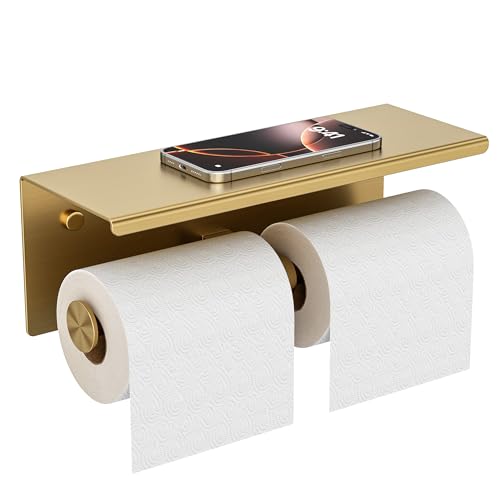 FORIOUS Double Toilet Paper Holder with Shelf Wall Mount Tissue Roll Holder for Bathroom 304 Stainless Steel Commercial Toilet Tissue Dispensers with Phone Shelf (1 Brushed Gold)