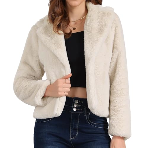 Seta T Women's Cropped Faux Fur Coat Fashion Winter Open Front Jacket Notch Lapel Long Sleeve Fluffy Coat