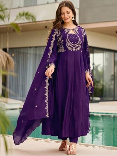 Image of Women's Vichitra Silk Anarkali Kurta Set with Dupatta | Embroidered Kurta Set for Women | Rust Orange Wedding & Festive Ethnic Dress