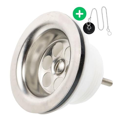 Ablaufventil für Spülbecken, 1 Set, Größe Ø 70 mm - 1 1/2 Zoll, SS201 Edelstahl Ventiloberteil, M6x60 Montageschraube, PP Unterbau mit Messing Mutter, PVC Dichtung, Ø 45,5 mm Stöpsel, Stopfen Ventil