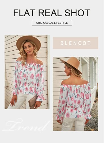 Blencot Womens Summer Tops Sexy Off Shoulder Front Knot Ruffled Blouses Casual 3/4 Sleeve Floral Regular Pullovers Medium #TOP1