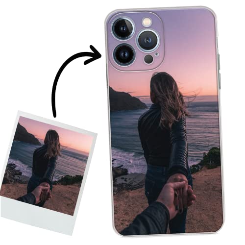 ICOVERI Funda iPhone 14 Pro Personalizada Foto Imagen y/o Letras. Funda Personalizable Silicona Gel Transparente Antigolpes. Carcasa Compatible con iPhone 14 Pro. TPU Flexible. Muy Resistente