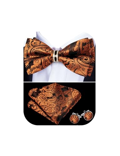 Image of YOHOWA Mens Bow Tie Set Paisley Pre-tied Bowties Adjustable with Handkerchief Cufflinks Gold Ring Set Wedding Prom Party