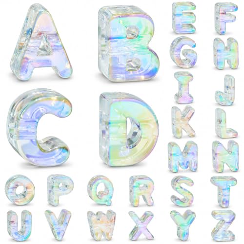 26 Pcs Cute Chunky Clear AB Letter Beads, 20mm Jumbo 3D Acrylic Letter Beads, Big Letter Beads for Bracelets, Necklaces, Bagcharms, Shoelaces, Keychains, Lanyards, Letter Charms for Craft