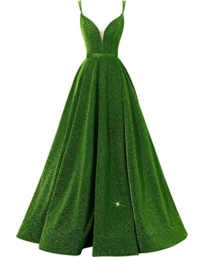 Image of Women's Glittery Spaghetti V-Neck Prom Dresses Long A Line Bridesmaid Dresses Side Split Formal Evening Gowns Grass Green,US12, 12