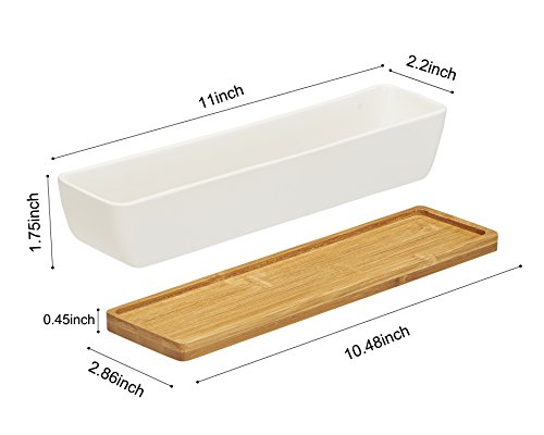 FLOWERPLUS Planter Pot Indoor, 11 Inch Long Rectangle White Ceramic Small Succulent Cactus Flower Plant Container with Bamboo Base and Little Plants Sign for Indoors Outdoor Home Garden Kitchen Decor - Thumbnail 2