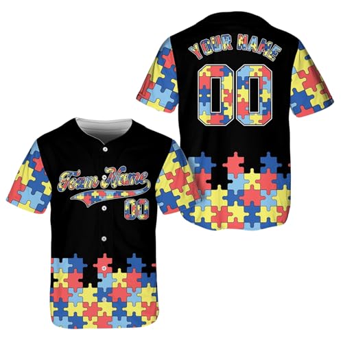 Camiseta de béisbol personalizada para concienciación sobre autismo, con nombre personalizado y diseño de puzzle, apoyo al autismo, guerrero del autismo, regalo para amantes del béisbol, color negro miniatura 3