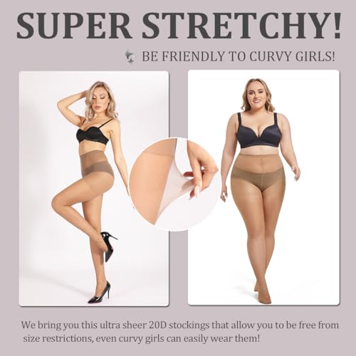 Image of MERYLURE 3 Pairs Women's Sheer Tights - 20D Ultra Thin Control Top Pantyhose with Reinforced Toes