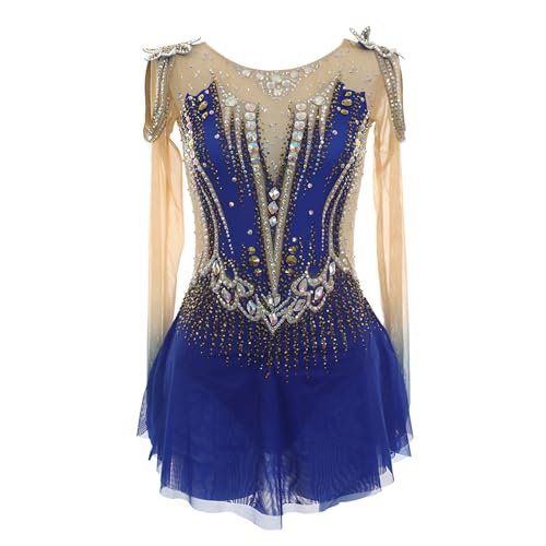 Kmarouse Girls and Women's Figure Skating Dress with Crystal Decoration, Long Sleeve Skirted Leotard for Competition(X-Small) Blue