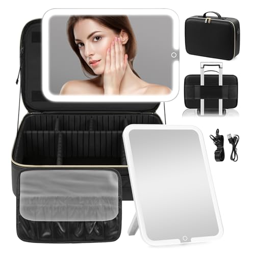 Miroir éclairé amovible noir et grande trousse de maquillage de voyage