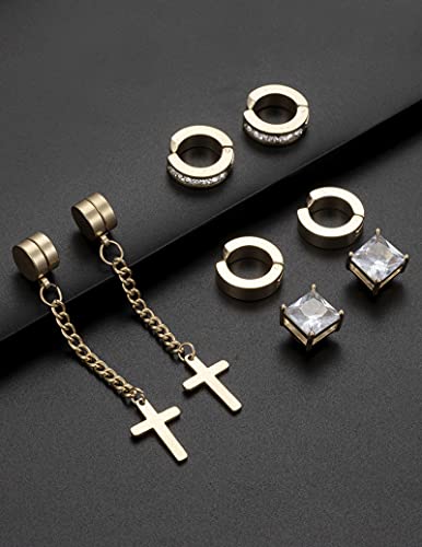 Ofeiyaa 12 Pairs Magnetic Stud Earrings Stainless Steel Non Pierced Earrings Punk Cz Hoop Cross Feather Dangle Hinged Earrings Clip On Magnet Earring Set For Men Women Gold Silver Black #TOP5