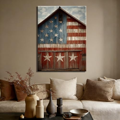 Image of RIBNTAK Rustic American Flag Barn Canvas Wall Art, Vintage Patriotic Farmhouse Artwork Pictures, Americana Country Wall Decor for Living Room Bedroom Entryway Office