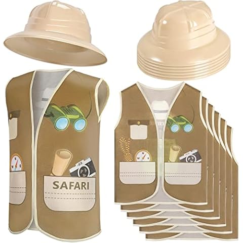 12 Pcs Safari Hats and Vest for Kids Safari Dress Costume Include 6 Safari Party Hats and 6 Safari Party Vest Kids Safari Party Supplies for Theme Birthday Party Decorations Jungle Party Supplies Cover