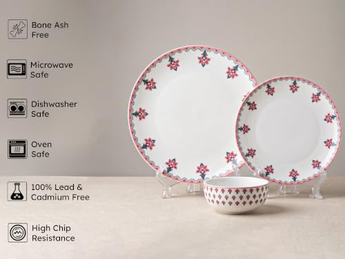 Image of Bodhi House Premium Porcelain Dinner Set 18 Pieces Serving for 6 | Pink Blossom Floral Design | Microwave & Dishwasher Safe | Crockery Set | Dinnerware Set for Home, Dining, Kitchen & Gifting