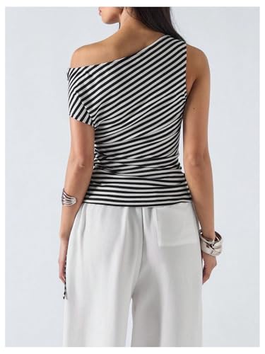 SHENHE Women's Striped One Shoulder Top Ribbed Knit Short Sleeve Ruched Draped Dressy Going Out Shirt3