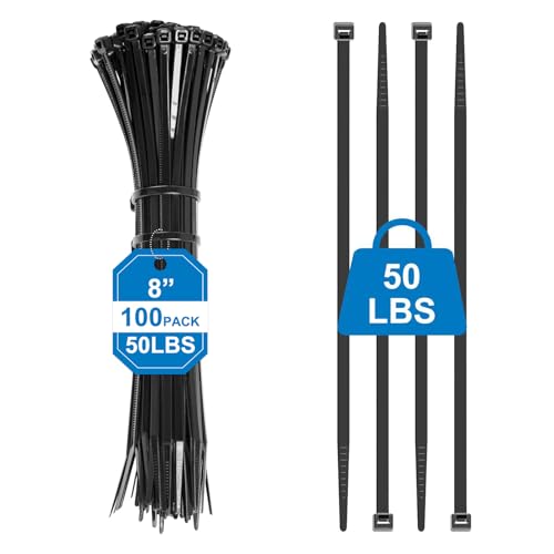 NLZD Black Zip Ties 8 Inch (100 Pack) 50lbs Tensile Strength