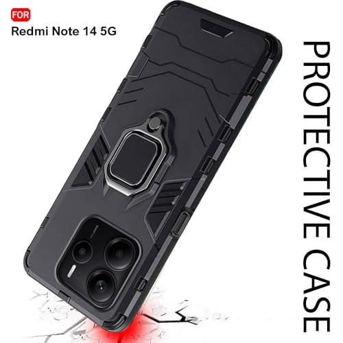 Image of TheGiftKart Tough Armor Bumper Back Case Cover for Mi Redmi Note 14 5G / Note 14 SE 5G | Ring Holder & Kickstand in-Built | 360 Degree Protection Back Cover Case (PC & TPU, Black)