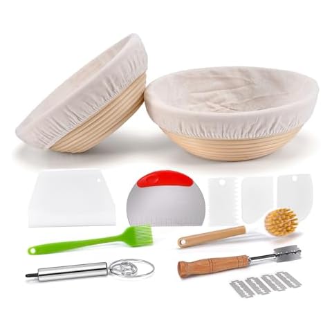 PELYN Sourdough Bread Baking Supplies Banneton Bread Proofing Basket, 9 inch and 10 inch Round Proofing Bowls Sourdough Starter Kit with Bread Making Tools Cover