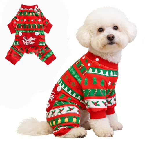 Image of BEAUTYZOO Dog Christmas Pajamas, Soft Fleece Puppy Sweater for Small Dogs | Velvet Jumpsuit for Girl Boy Puppies, Breathable Pet Pjs, Warm Jammies Onesies in Cold Weather, Santa, Red S
