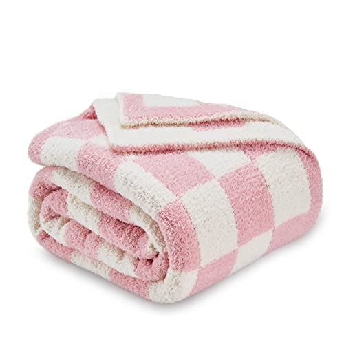 Image of CozeCube Pink White Reversible Checkered Knit Throw Blanket 50 inchx60 inch