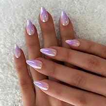 Chrome Ombre Lilac Press on Nails Short Almond, Shiny French Fake Nails with Glazed Sparkle UV Finish, 30 Pcs Gradient Glue on Nails Short Stiletto, Reusable Thick Cute Nail Set with Glue