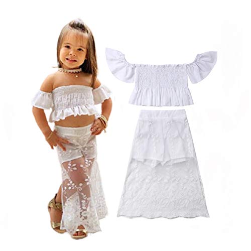 LXXIASHI 2Pcs Toddler Skirt Outfit Baby Girl Flutter Sleeves Off Shoulder Crops Top + Maxi Split Skirt Shorts Clothes Sets (White, 1-2 Years)