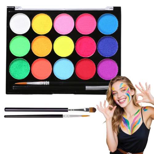 KEWUF Body Painting, 15 Colori Truccabimbi Kit Anallergici Atossici con 2 Pennelli, Trucca Bimbi Professionali, Face Painting Bambini per Halloween, Carnevale, Pasqua, Natale