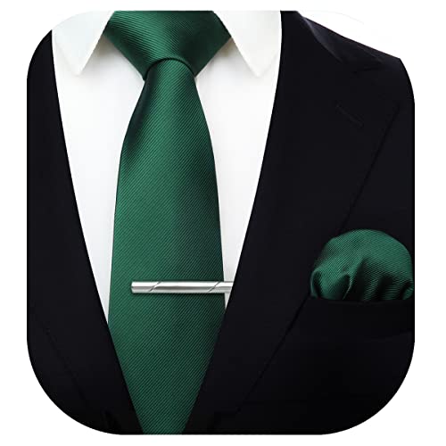 HISDERN Corbata de boda Verde scuro asargada Hombres clasico Corbata & Plaza de bolsillo Conjunto de clip