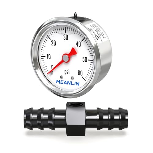Image of MEANLIN MEASURE 0-60Psi Stainless Steel Glycerin Filled Pressure Gauge 1 /8 inch NPT 1.5 inch FACE DIAL, with 1 /2 inch Barb Aluminum Fitting Adapter Liquid Filled Pressure Gauge (9Pieces Kit, Back Mount)