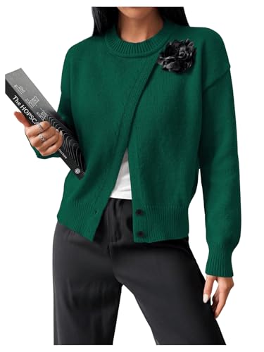 Image of MakeMeChic Women's Wrap Cardigan Sweater Flower Button Down Pullovers Tops Green Small
