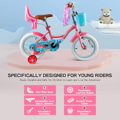 Image of RULLY 12 14 16 Inch Girls Bike with Doll Seat Basket and Training Wheels for 2-6 Years Children