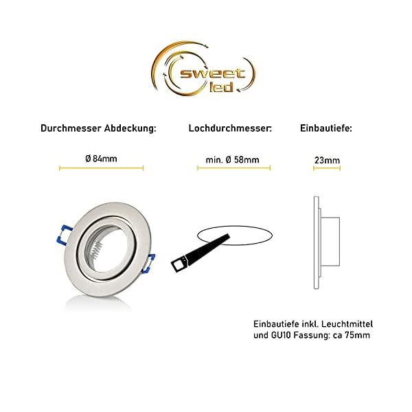 Sweet Led® Einbaurahmen inkl. GU10 Fassung 230V IP44 Einbauleuchten-Rahmen Aluminium Einbauspots fürs Bad Möbelleuchten… – Bild 6
