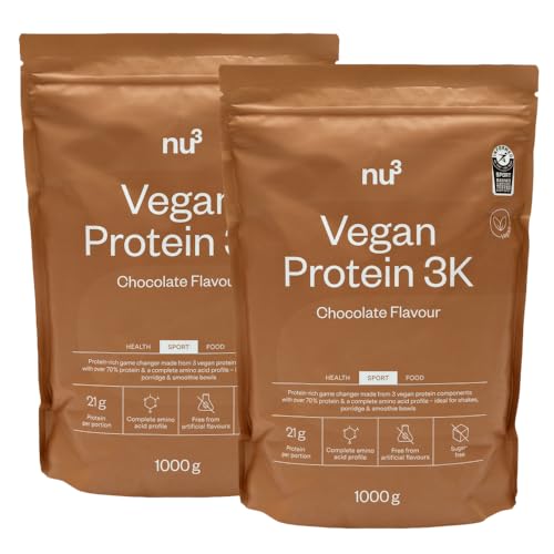 nu3 Vegan Protein 3K Schokolade 1kg- Protein-Powder, pflanzlich, laktosefrei, ohne Soja, zuckerarm, gelatinefrei, Aspartamfrei, Cremig, Eiweißpulver für Muskelaufbau, Training & Alltag - 2x1000 g