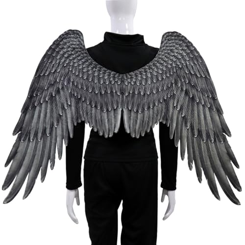 ZHER-LU Disfarce de asas de anjo, asas de anjo grandes, acessórios para festa de Halloween, cosplay, asas de penas brancas e pretas com tiras elásticas (preto)
