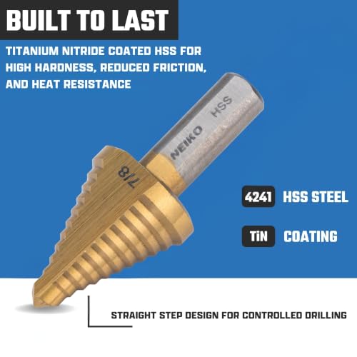 Image of NEIKO 10618A Step Drill Bit, 1 Step 7 /8 inch Straight High Speed Steel, Titanium Nitride Coated, 3 /8 inch Tri-Flat Step Bits for Steel, Metal, Wood, Plastic, Unibit Cone Drill Bits, Two Flute