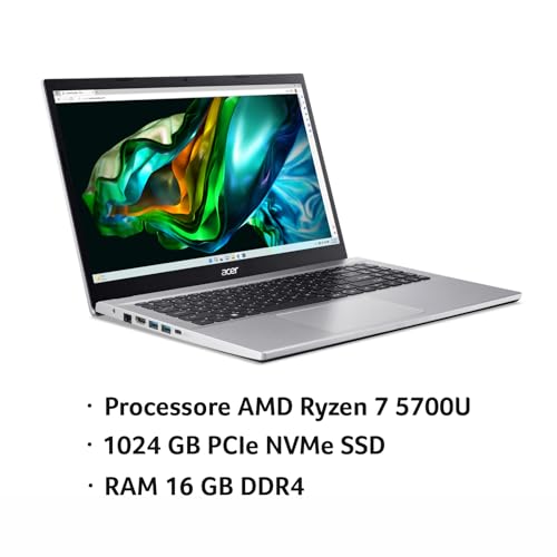 Aspire 3 15 A315-44P-R1EP PC Portatile, Notebook, Processore AMD Ryzen 7 5700U, RAM 16 GB DDR4, 1024 GB PCIe NVMe SSD, Display 15.6" FHD LCD, Scheda Grafica AMD Radeon, Windows 11 Home, Silver - Notebook - Immagine 1