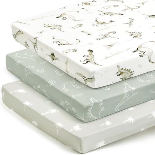 Image of GRSSDER Pack n Play Sheets Fitted 3 Pack, Stretchy Ultra Soft Jersey Knit Pack and Play Sheets, Universal Fitted Portable/Mini Crib Mattresses Snug and Safe, Cute Dinosaurs for Boy and Girl