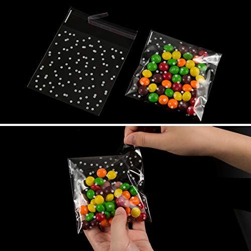 400PCS White Polka Dot Treat Bags Set Self Adhesive Candy Cookie Bags Set, 200 Clear Cellophane Bags + 200 Thank You Sticker for Bakery Biscuit Snacks Dessert 3.94x3.94IN