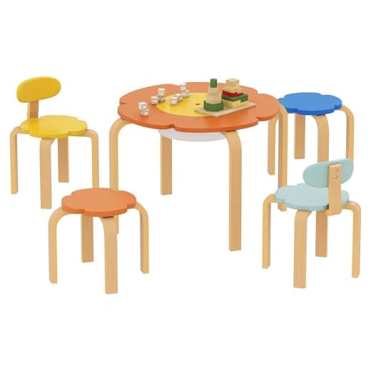 AIYAPLAY Kindersitzgruppe Kindertisch mit Stauraum 5-teilig Kindertisch Holz mit 4 Stühlen blumenförmige Kindermöbel Kinder Tisch Stuhl Set Sitzgruppe für Kinderzimmer, für 3-8 Jahre Kinder, Bunt