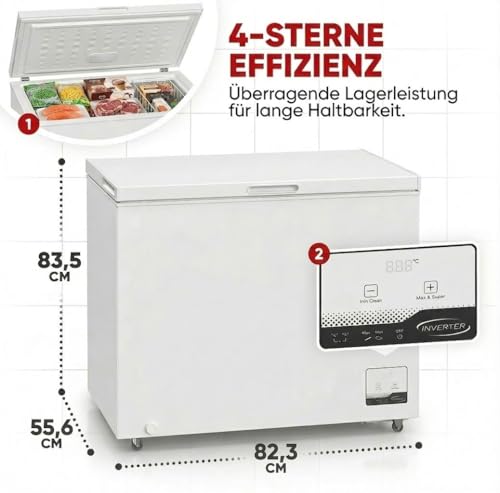 PKM GT300E Gefriertruhe/299 Liter Fassungsvermögen/41 dB/Dual Modus: Sowohl Kühlen als auch Gefrieren/Inklusive zusätzlichem Drahtkorb/4 Sterne Gefrierfach/Freistehend
