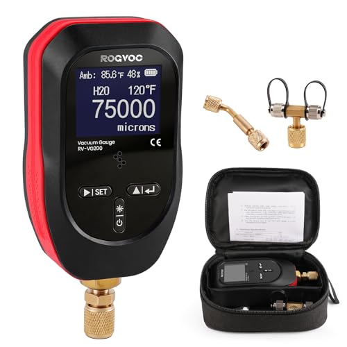 ROGVOC Digital Vacuum Gauge Micron Vacuum Gauge Tester with 11 Units 7/16 inch-20 UNF HVAC 0-75000 Microns Rang Including 1/4 SAE Fitting and T-Connector Battery Not Included