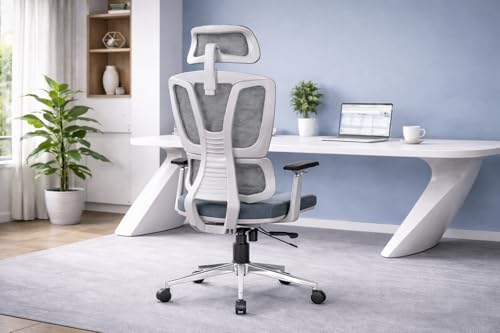 Image of TOBY Ergonomic Office Chair with Adjustable Headrest & Lumbar Support, 4D Armrests, Breathable Mesh Back, Thick Cushioned Seat, Class 4 Hydraulic Gas Lift & Heavy-Duty Base - Grey