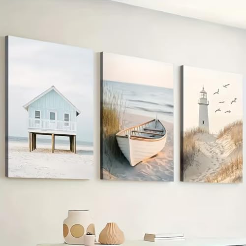 TROYSINC Lot de 3 posters - Images décoratives de plage de style côtier apaisant, décoration murale avec plage de sable, cabane et phare pour salon et...